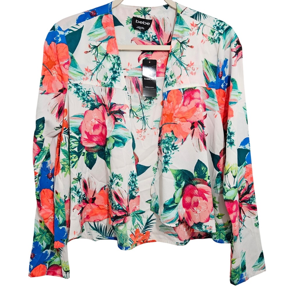 Bebe‎ NWT Blazer Top Womens Tropical Floral Open Front Draped Resort Relaxed M